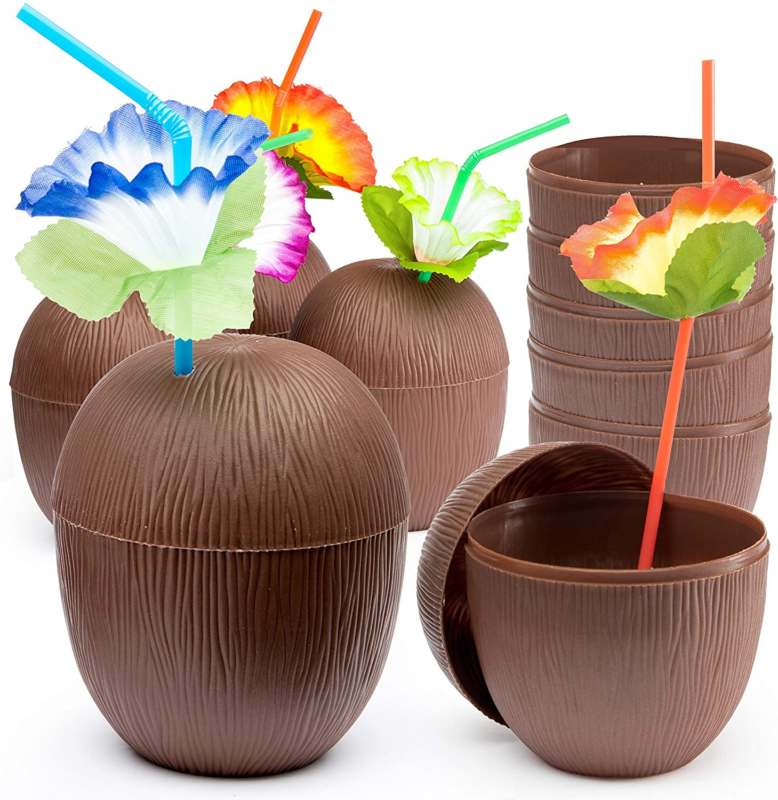 18 Pack Coconut Cups with Flower Straws for Hawaiian  Beach Themed Party