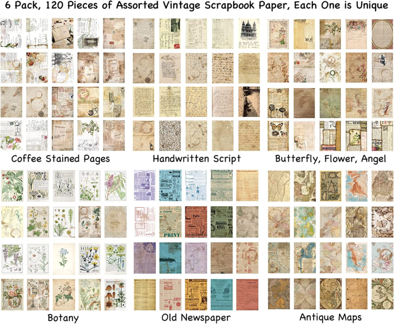 120 Sheets Vintage Ephemera Paper Pack for Junk Journal Kits Art Journaling Back