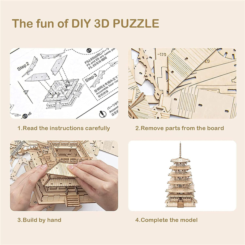 3D Puzzles for Adults Kids, DIY Wooden Model Kit - Five-Storied Pagoda (275 PCS)