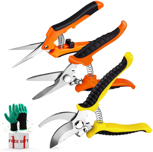 3 Pack Garden Pruning Shears Set  Stainless Steel Blades with Gardening Gloves