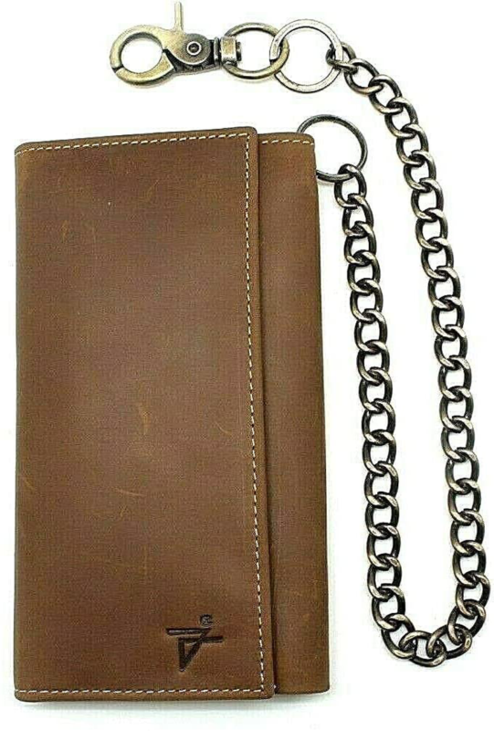 Men's Biker's Trucker RFID, Long Checkbook Leather Trifold Chain Wallet  