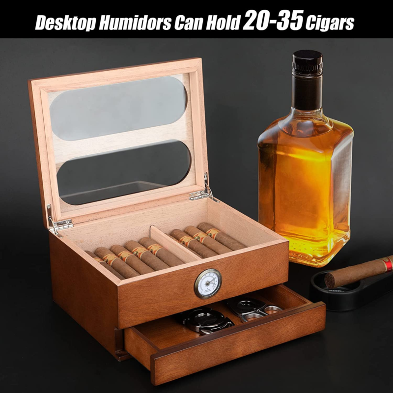 Cigar Humidor with Hygrometer Humidifier & Accessory Drawers-Holds 20-35 Cigars