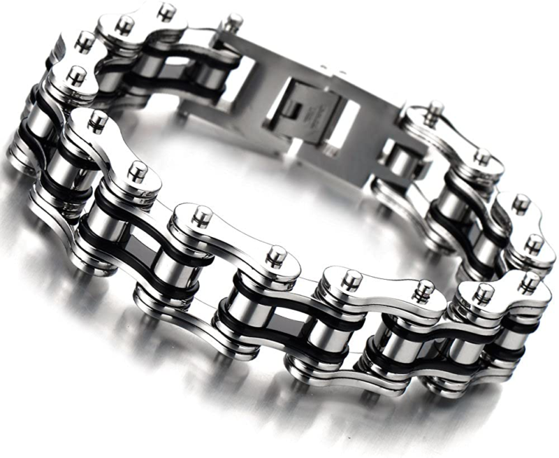 Mens Bike Chain Bracelet, Stainless Steel Two-Tone Polished