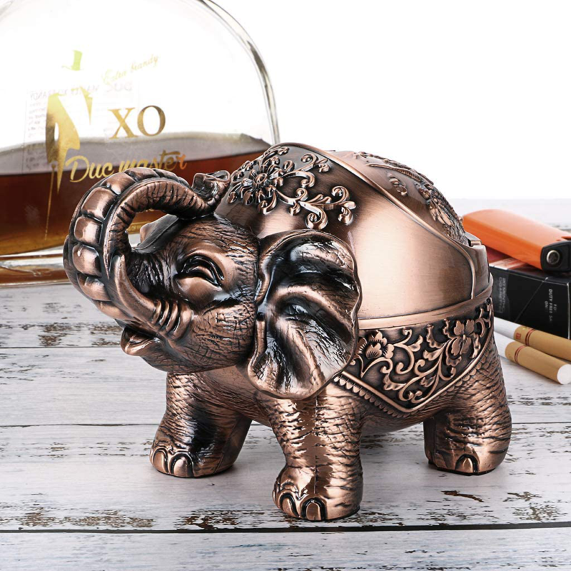 Hipiwe Elephant Windproof Ashtray with Lid, Desktop Metal Cigarette Ashtray Hold