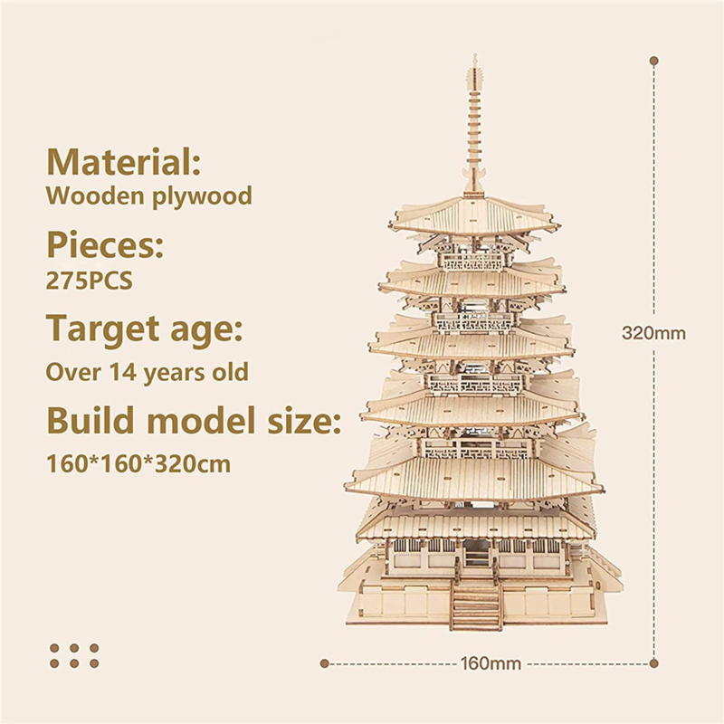 3D Puzzles for Adults Kids, DIY Wooden Model Kit - Five-Storied Pagoda (275 PCS)