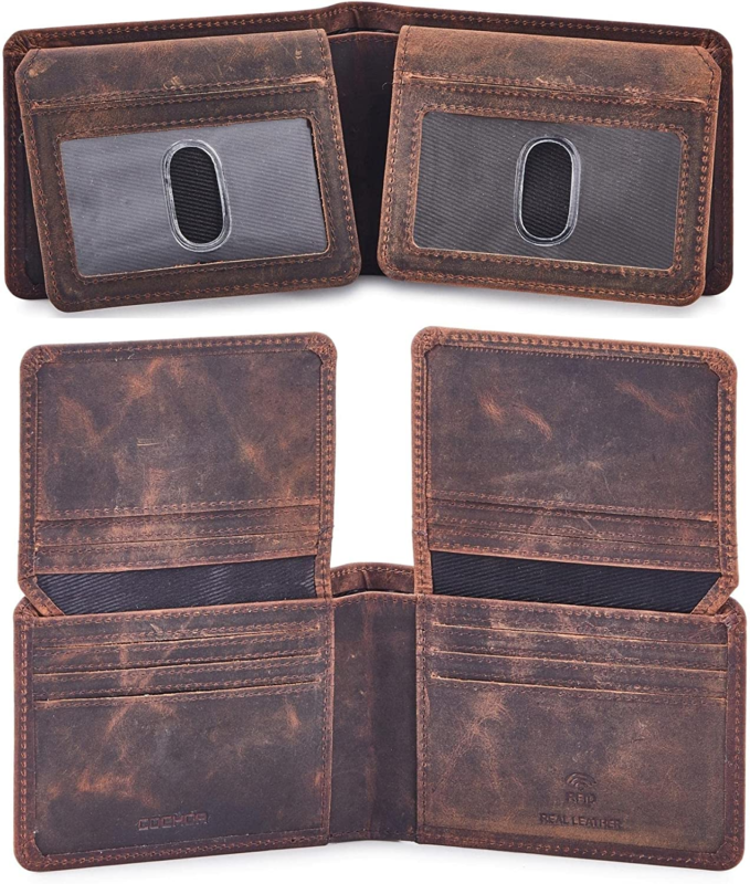 Men'S Bifold Wallet Real Leather RFID Blocking High Capacity with 2 ID Window 