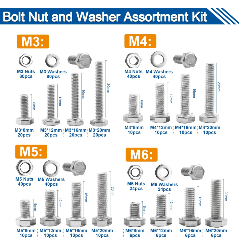 552PCS M3 M4 M5 M6 Hex Head Bolts and Nuts Set, 304 Stainless Steel External Hex