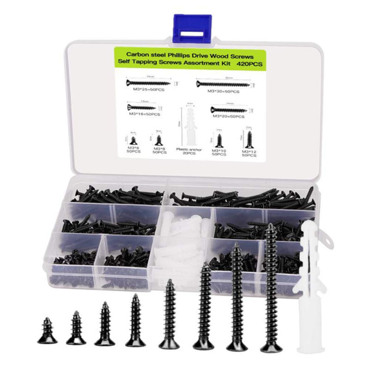 M3 Flat Head Wood Screws Assortment Fasteners Kit 420Pcs,Phillips Drive Counters