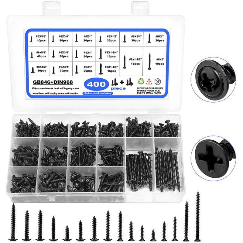 Self Tapping Screws,  400Pcs Wood Screws Assortment Kit, 6#8 Black Oxide Screws 