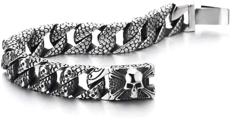 Skull Charms Snake Skin Pattern Curb Chain Mens Large Steel Bracelet with Pirate