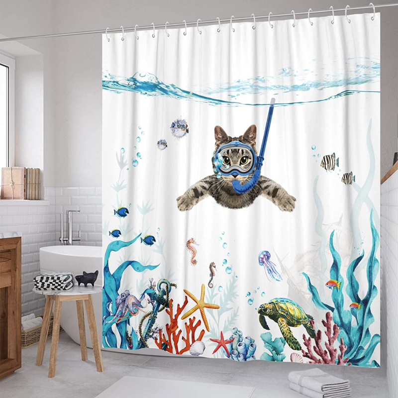 Funny Cat Shower Curtain Teal Blue Sea Ocean  