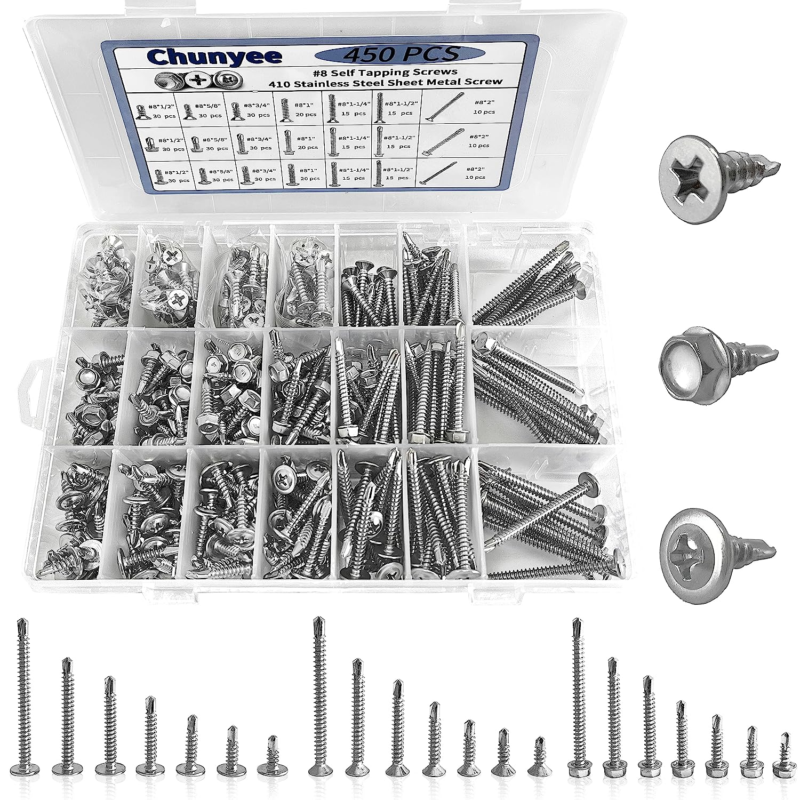 450Pcs Self Tapping Screws for Metal 410 Stainless Steel #8 Self Drilling Screws