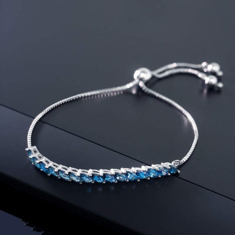 925 Sterling Silver London Blue Topaz Women'S Tennis Bracelet, Adjustable)