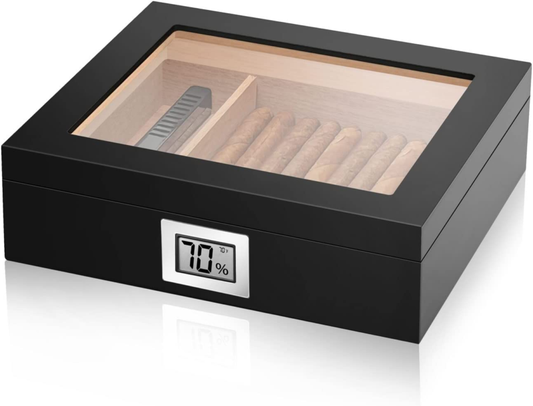 Glass Top Cigar Humidor, Spanish Cedar Wood Cigar Storage Case for 20-30 Cigars 