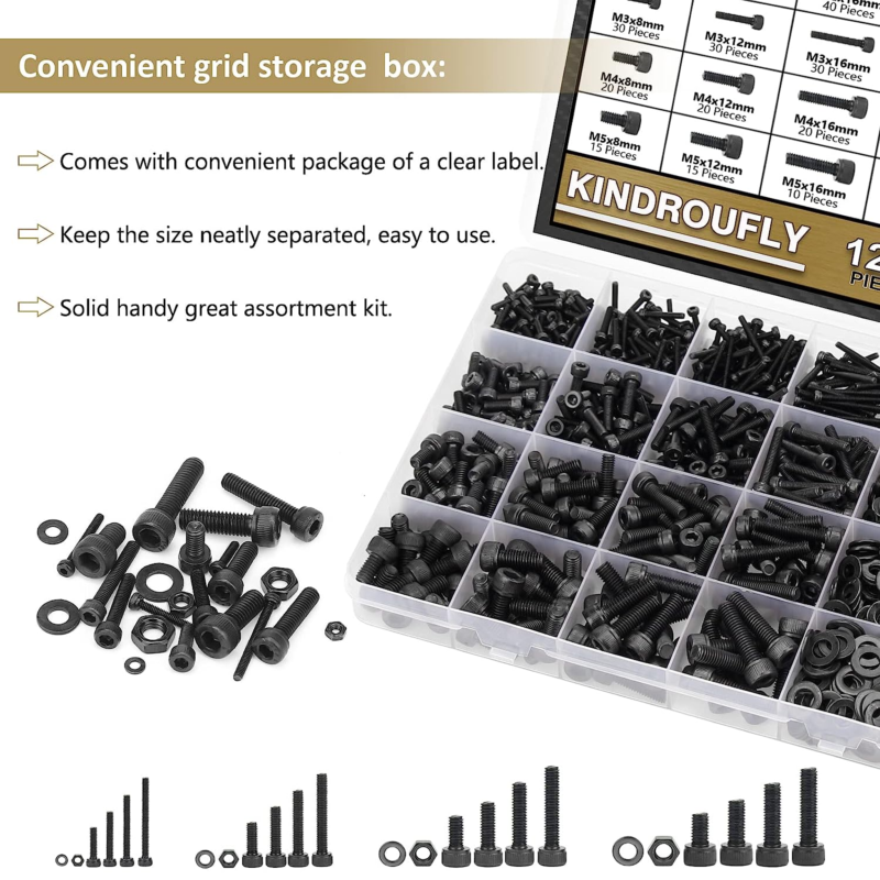 1285 Pieces M2 M3 M4 M5 Screws Nuts Washers Assortment Kit, Metric Screw Set, Bo