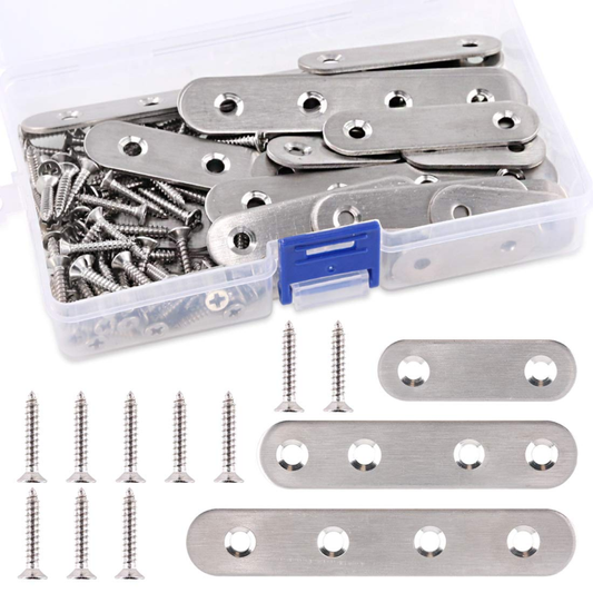 115Pcs 3 Sizes Stainless Steel Flat Straight Brace Brackets Metal Shelf Support 