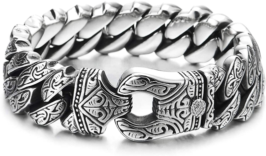 Mens Stainless Steel Vintage Fancy Curb Chain Bracelet with Tribal Tattoo Patter