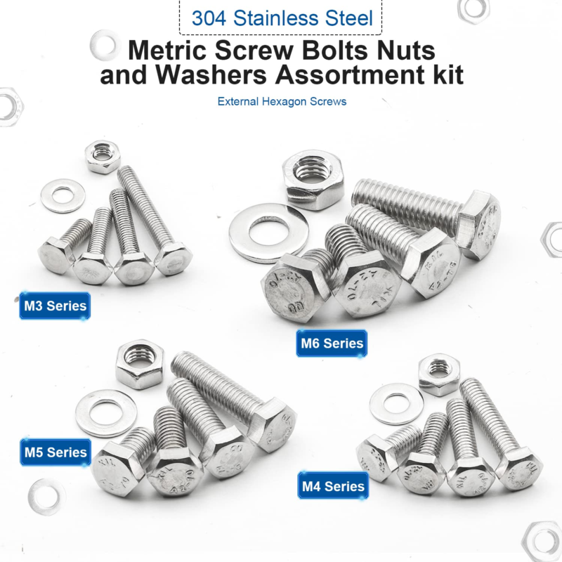 552PCS M3 M4 M5 M6 Hex Head Bolts and Nuts Set, 304 Stainless Steel External Hex