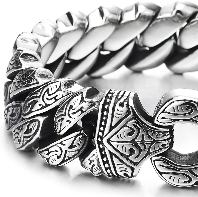 Mens Stainless Steel Vintage Fancy Curb Chain Bracelet with Tribal Tattoo Patter