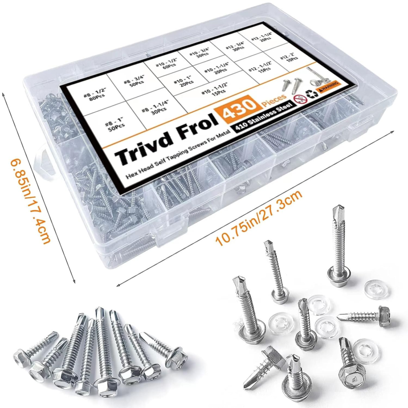 Trivd Frol 410 Stainless Steel Self Tapping TEK Screws Assortment,430 Pcs #8#10#