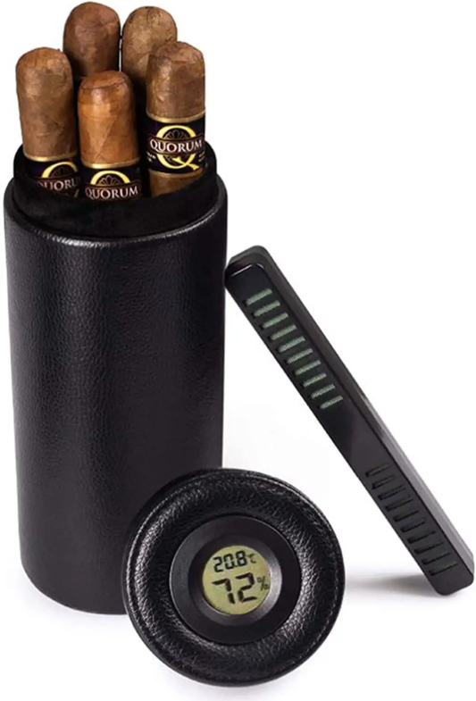 Mantello Travel Humidor Cigar Box- Leather with Digital Hygrometer - Cedar Lined