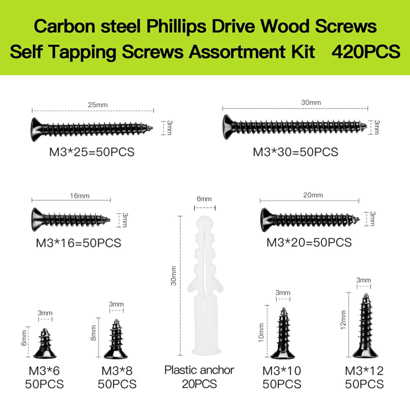 M3 Flat Head Wood Screws Assortment Fasteners Kit 420Pcs,Phillips Drive Counters