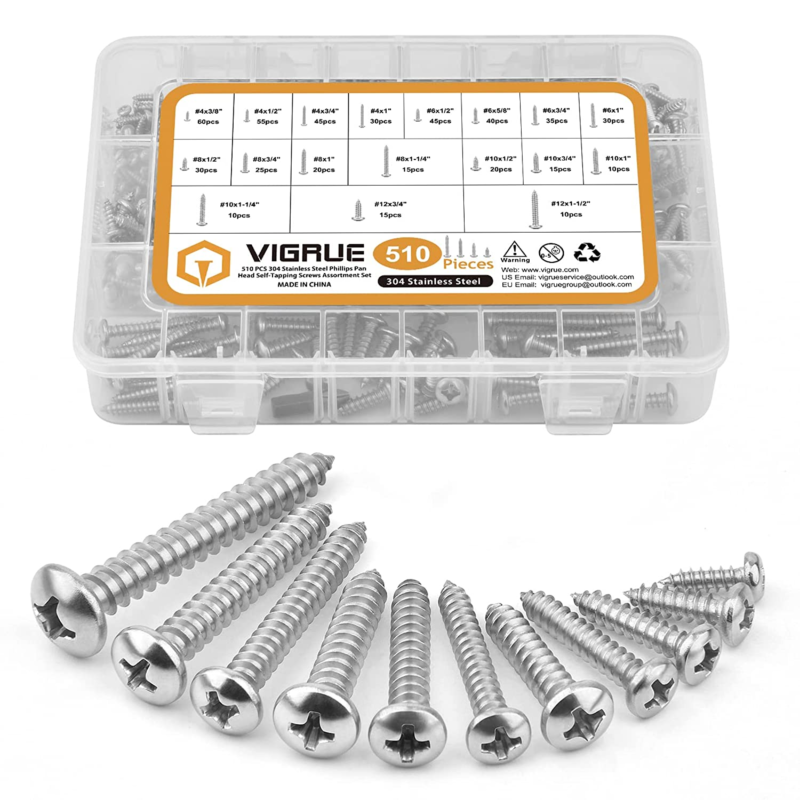 510Pcs Stainless Steel Wood Screws Assortment Kit, 4#6#8#10#12 Phillips Pan Head