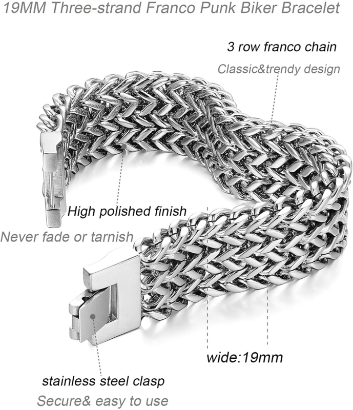 Stainless Steel 19MM Cuban Curb Link Chain Men's Bracelet, Rock Link Wristband 