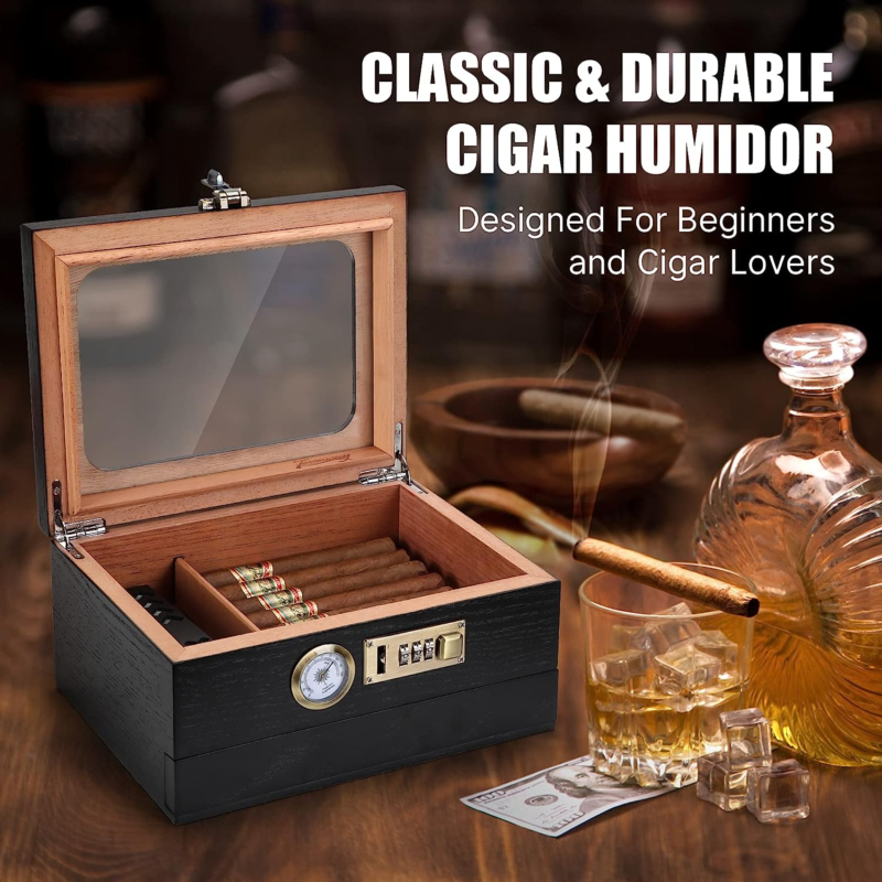 Cigar Humidor, Cedar Wood Humidor Cigar Box, Glass Top  Holds 20-35 Cigars