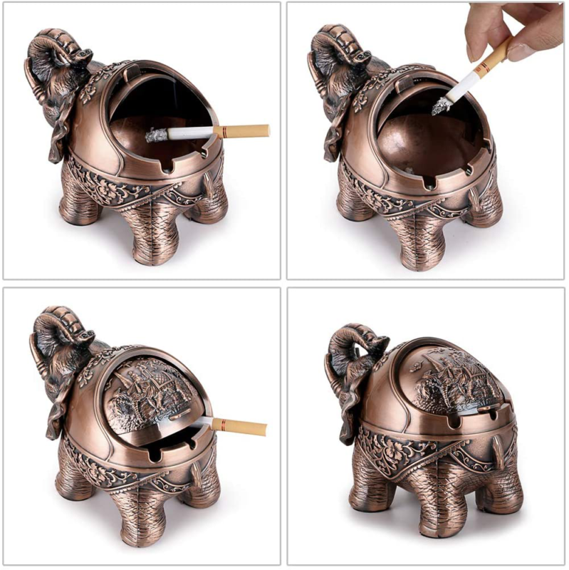 Hipiwe Elephant Windproof Ashtray with Lid, Desktop Metal Cigarette Ashtray Hold