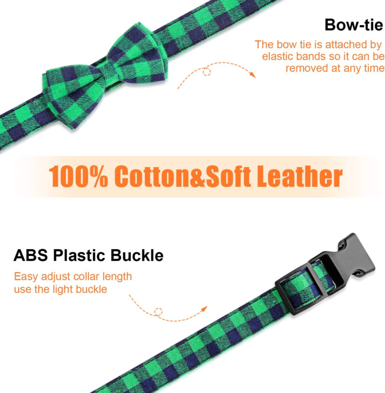 Dog or Cat Bow Tie,  Collar with Bow Tie Buckle Light Plaid  Adjustable (Large G