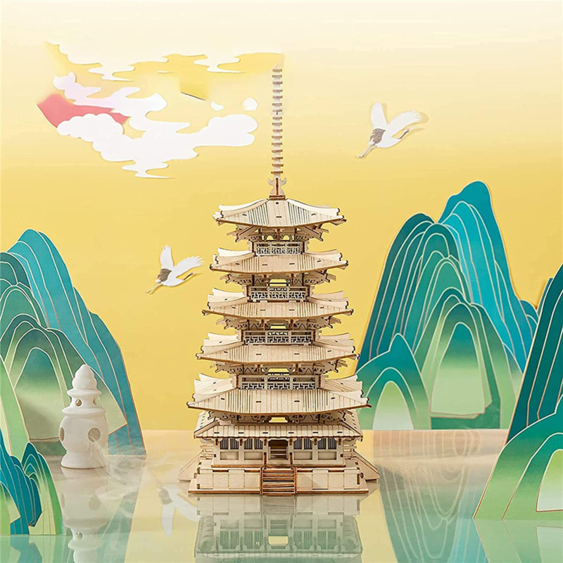 3D Puzzles for Adults Kids, DIY Wooden Model Kit - Five-Storied Pagoda (275 PCS)