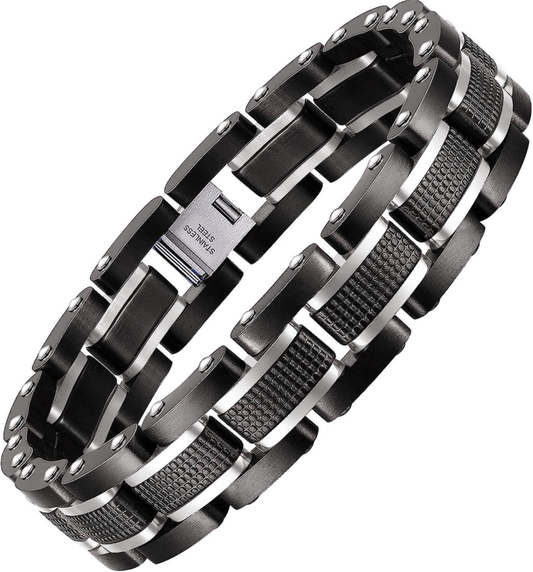 Men's Stainless Steel Two Tone Square Link Bracelet, Black and Blue Ion Plated  