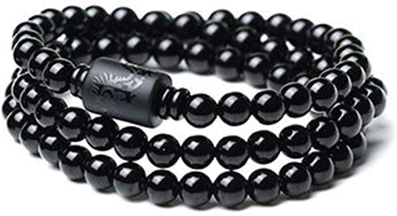 Crystal Obsidian Bracelet With Dragon Egraved Totem Clinder Bead, UNISEX