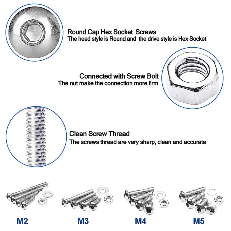 Metric Button Head Socket Cap Screw Bolts & Flat Washers & Nuts Assortment Kit M