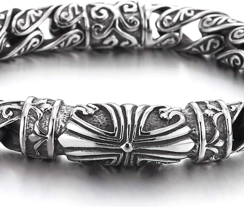 Retro Style Tribal, Mens Steel Cross Charm Vintage Link Chain Bracelet Spring Cl