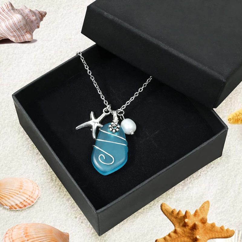 Sea Glass Necklace, Wire Wrapped Beach Necklaces with Starfish Pendant, Freshwat
