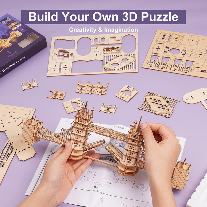 3D Puzzle for Adults, Wooden Tower Bridge Craft Kit with LED