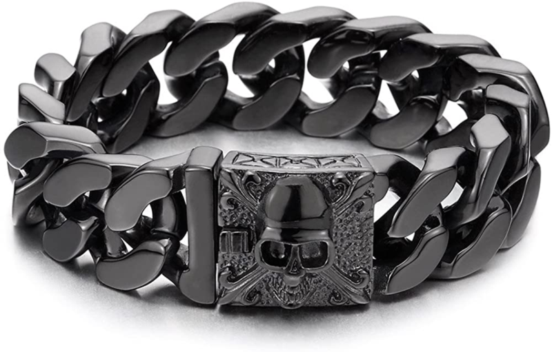 Mens Large Stainless Steel Curb Chain Bracelet with Fleur De Lis and Skull, Poli