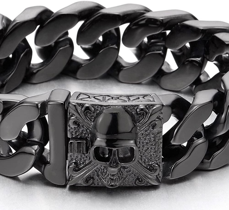 Mens Large Stainless Steel Curb Chain Bracelet with Fleur De Lis and Skull, Poli