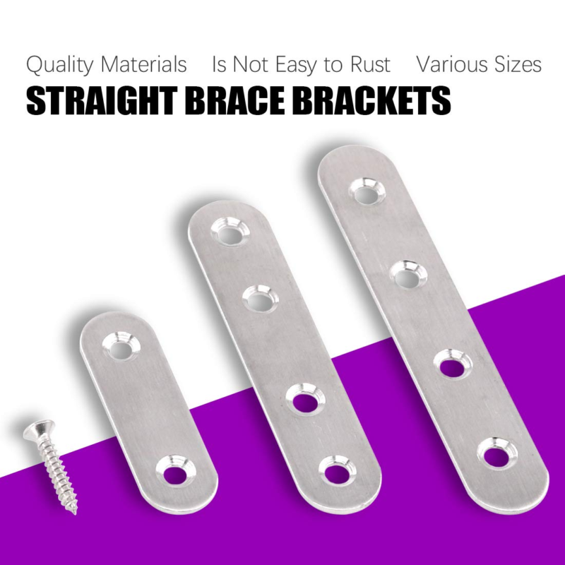 115Pcs 3 Sizes Stainless Steel Flat Straight Brace Brackets Metal Shelf Support 