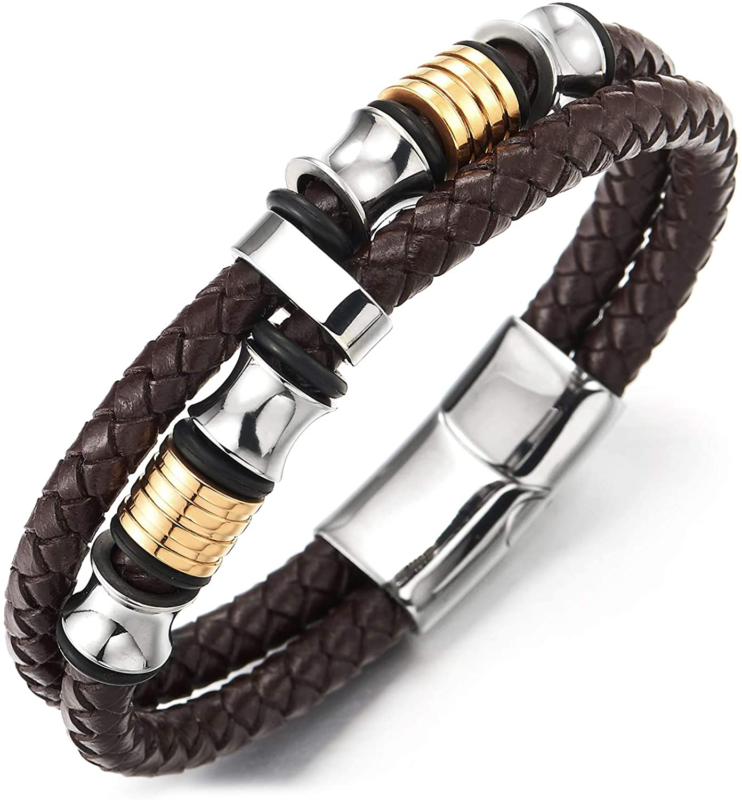 COOLSTEELANDBEYOND Mens Double-Braided Leather Bracelet Bangle Wristba