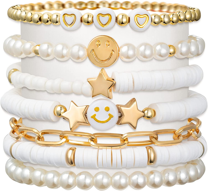 Preppy Heishi Bracelet Set Colorful White Gold Smile Heart Star Evil Eye Beaded 