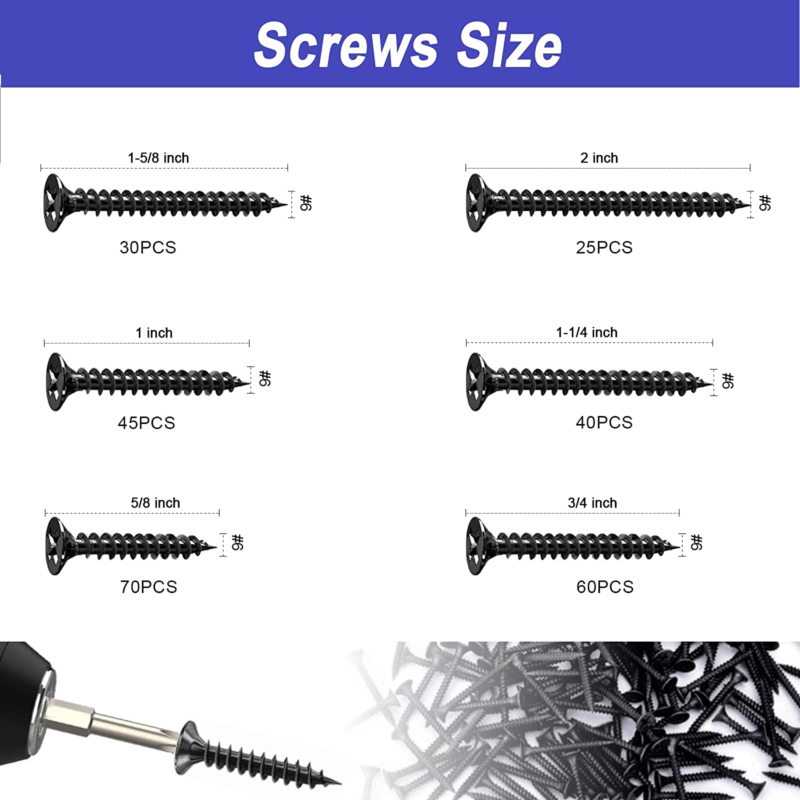 #6 Black Wood Screws Assortment Fasteners Kit 300Pcs,Phillips Head Fast Flat Sel