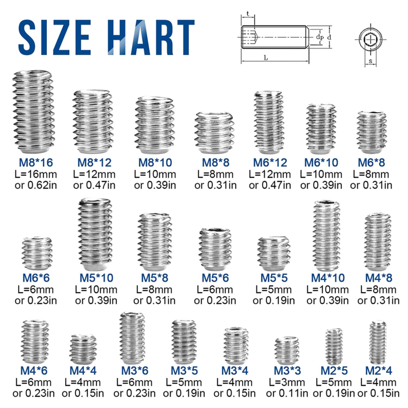 666Pcs Set Screws Assortment Kit, M2/ M3/ M4/ M5/ M6/ M8 Hex Allen Head Socket G