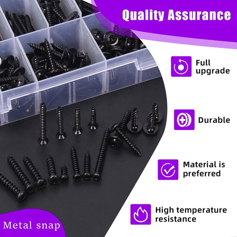 490Pcs # 6# 8# 10 Zinc Plated Steel Black Wood Screws Self Tapping Sheet Metal S