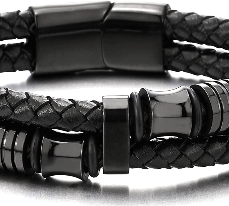 COOLSTEELANDBEYOND Mens Double-Braided Leather Bracelet Bangle Wristba