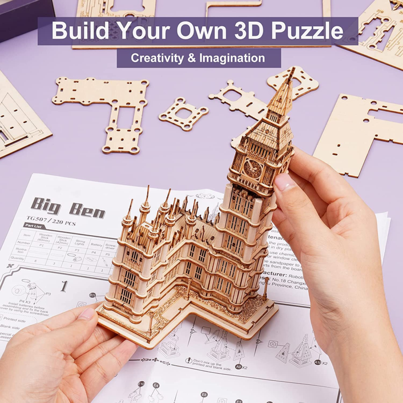 3D Puzzle for Adults, Wooden Big Ben Model Kit with LED 