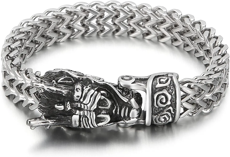 Dragon/Wolf Head Men's Bracelet, Stainless Steel,  Cool Viking Jewelry