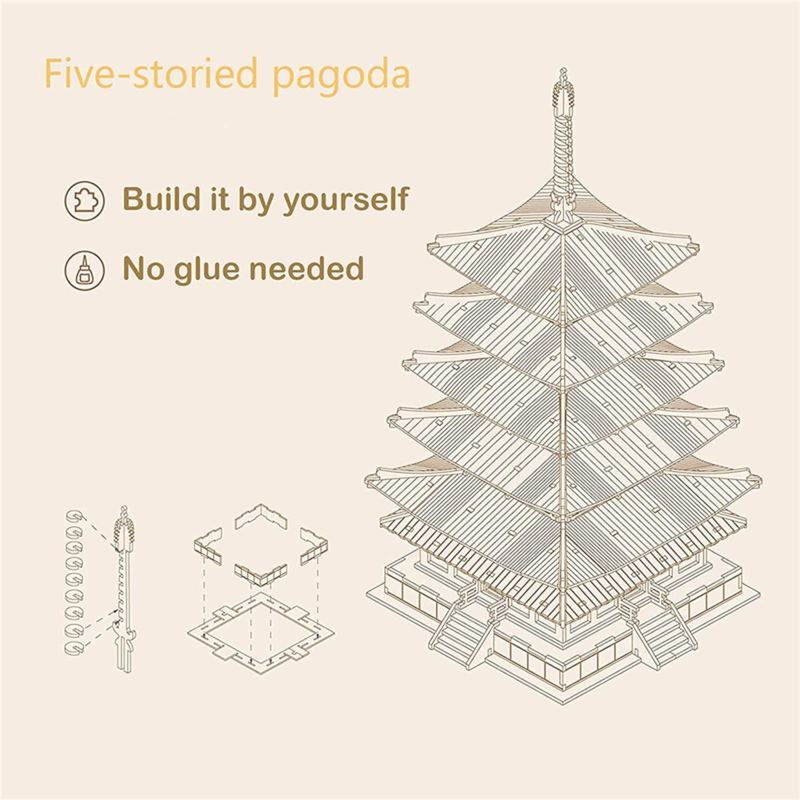 3D Puzzles for Adults Kids, DIY Wooden Model Kit - Five-Storied Pagoda (275 PCS)